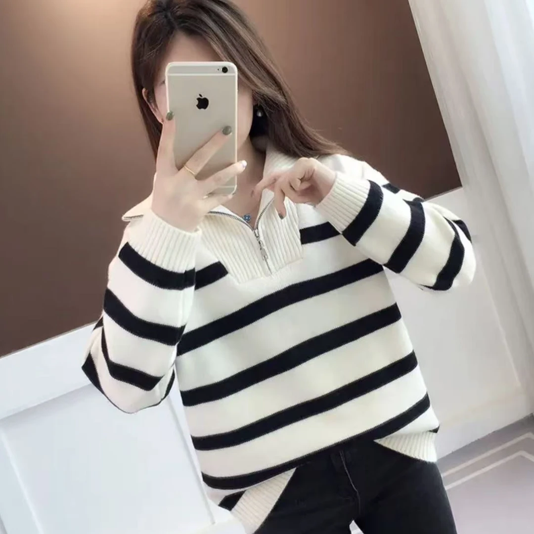 611#翻领半拉链条纹长袖针织衫套头240