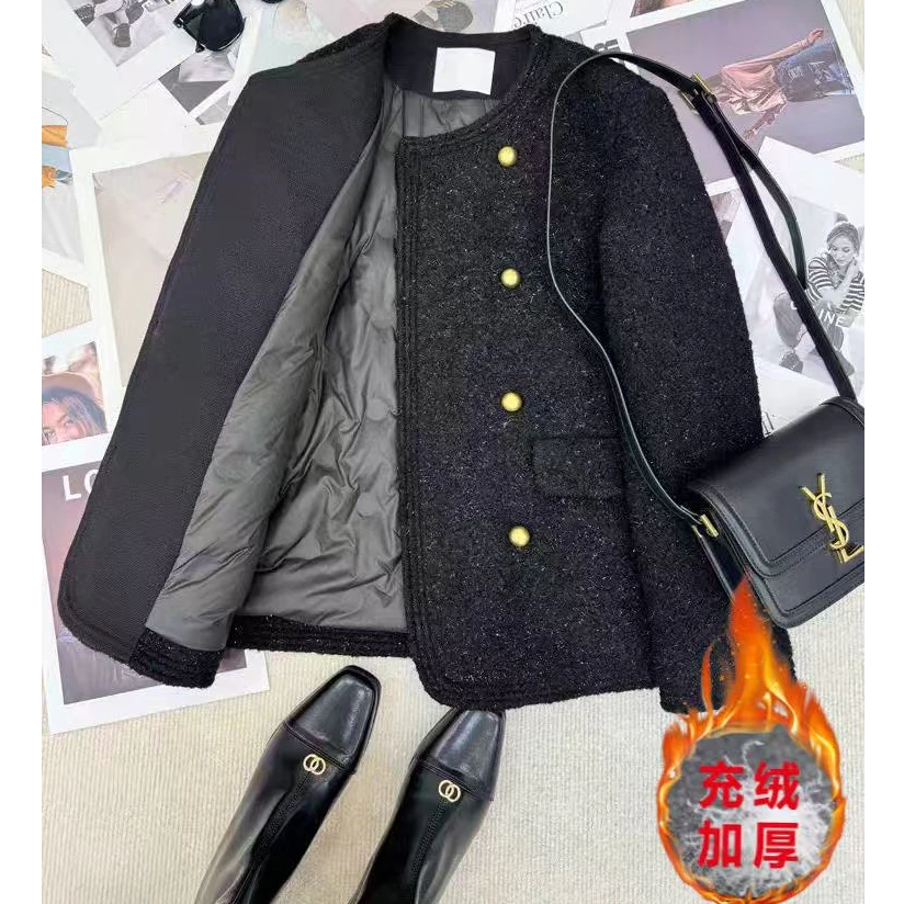 【当天发+运费险】黑色长款亮晶晶加厚保暖充绒内胆精致小香风P2435