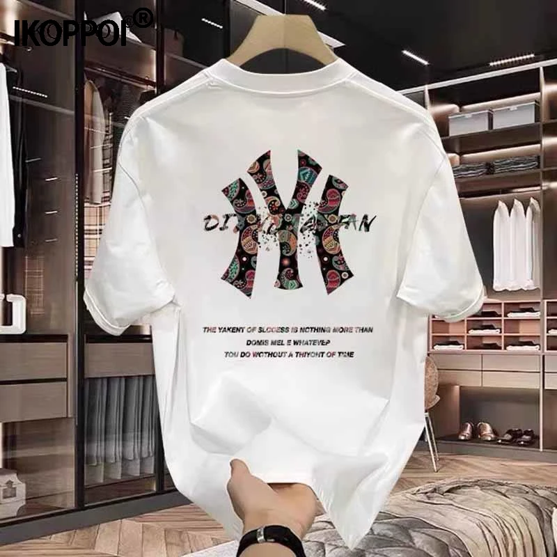 高端夏季潮牌修身纯棉男士短袖T恤冰丝字母印花潮流百搭圆领上衣