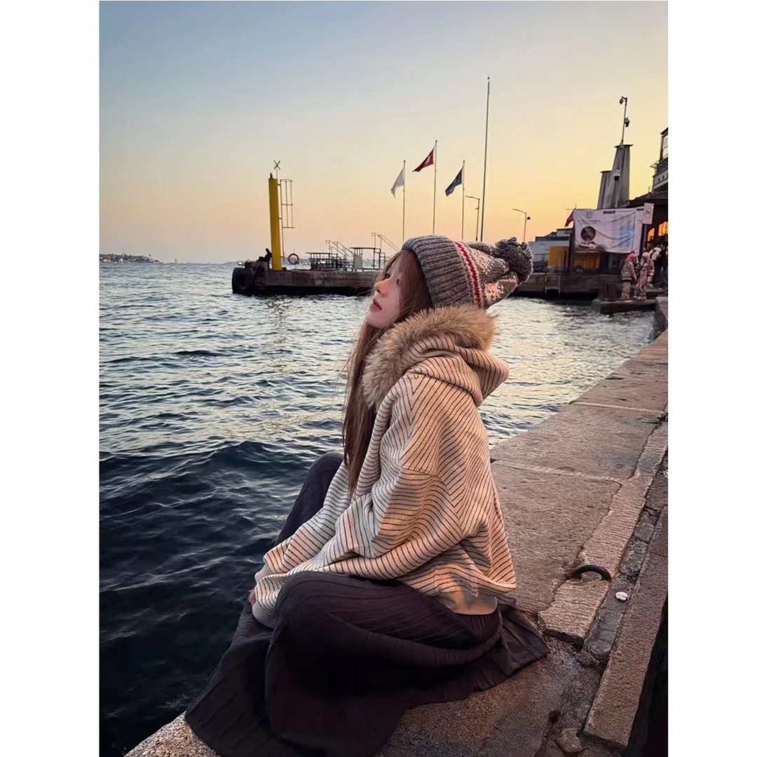 HandSeven秋季情侣美式中性风时尚条纹连帽卫衣宽松拉链上衣外套