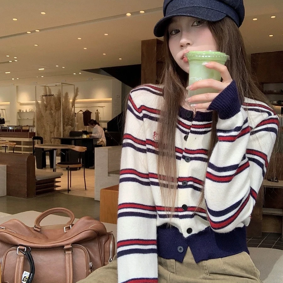 撞色条纹针织开衫女2025早秋季新款慵懒风小个子短款毛衣外套上衣