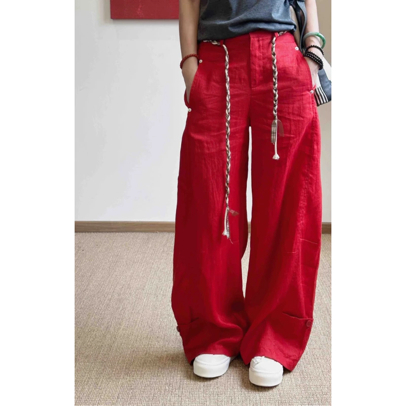 100亚麻分割休闲裤