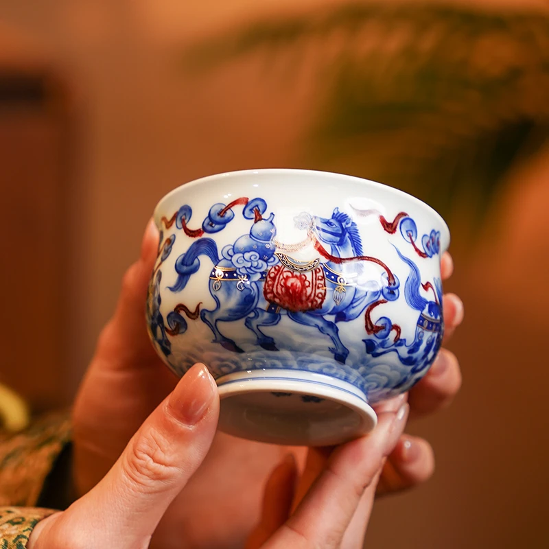 正德御窑永明尚玩马到成功茶杯瓷撇口杯功夫茶具手绘品茗杯景德镇