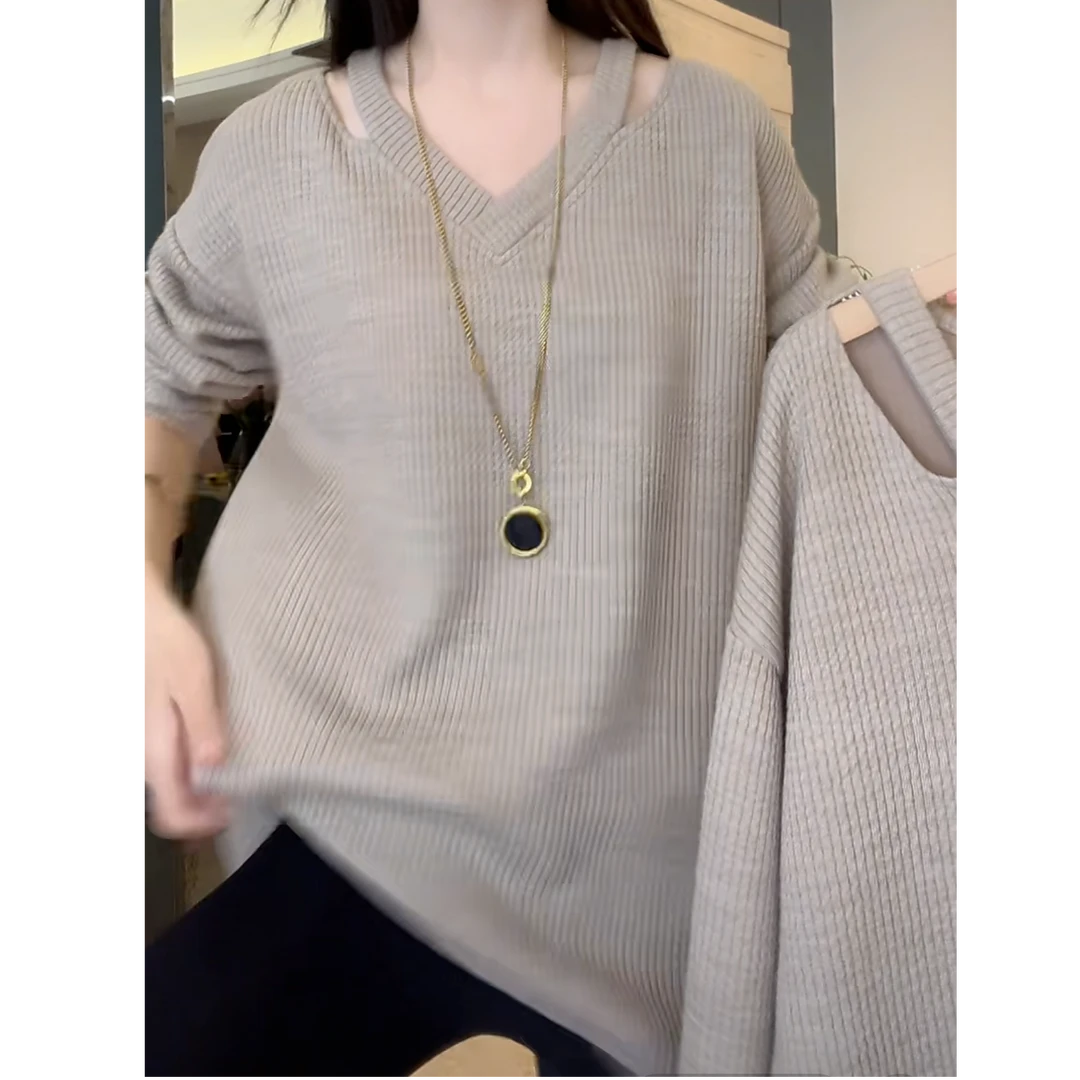 双肩镂空设计感慵懒风休闲宽松女春季T恤长袖时尚松弛百搭上衣