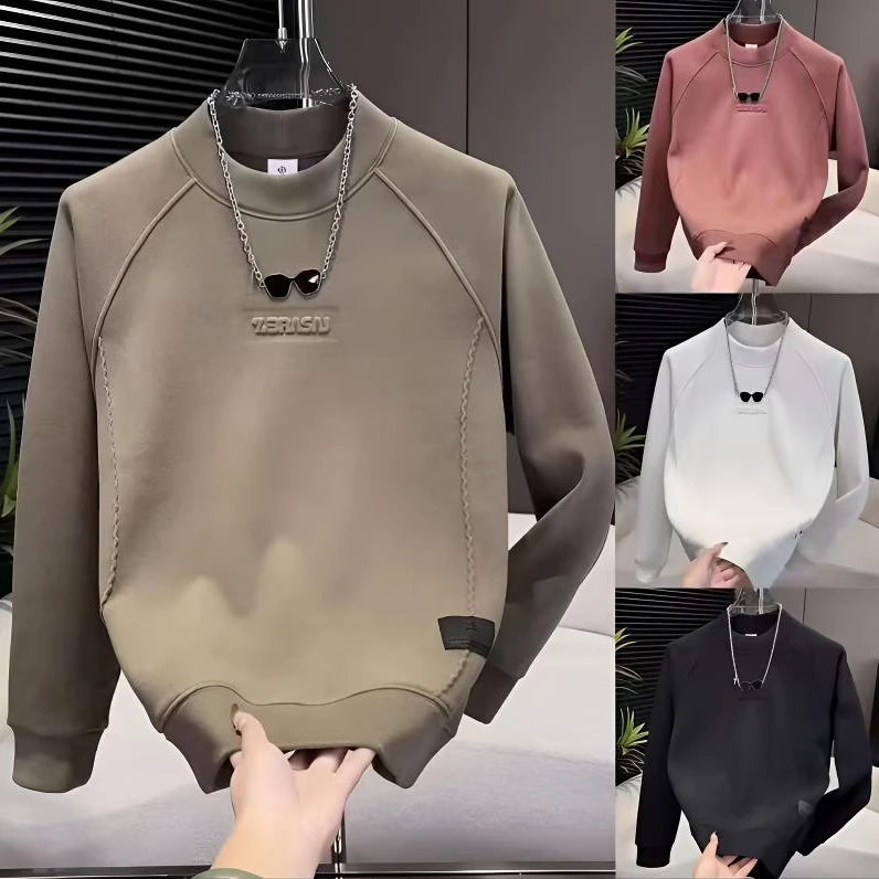 秋冬新款糯米绒高密度重磅男士时尚百搭中领圆领卫衣打底长袖上衣