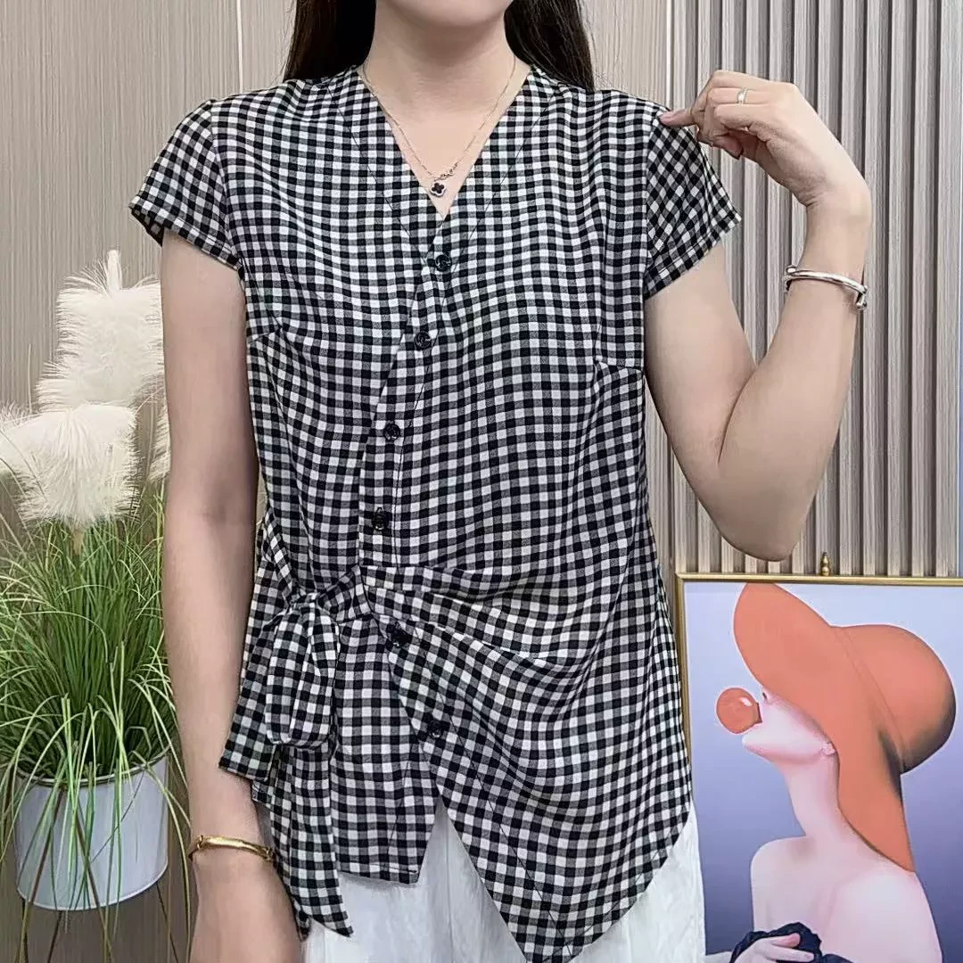 2025夏季新款复古波点格纹V领气质系带收腰透气T恤洋气显瘦上衣