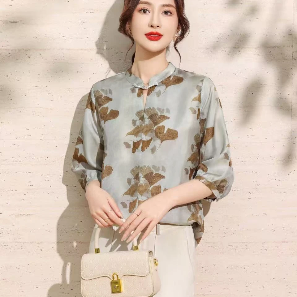 【真丝斜纹绸】100%桑蚕丝 数兰朵高姆米银杏叶复古印花小立领上衣