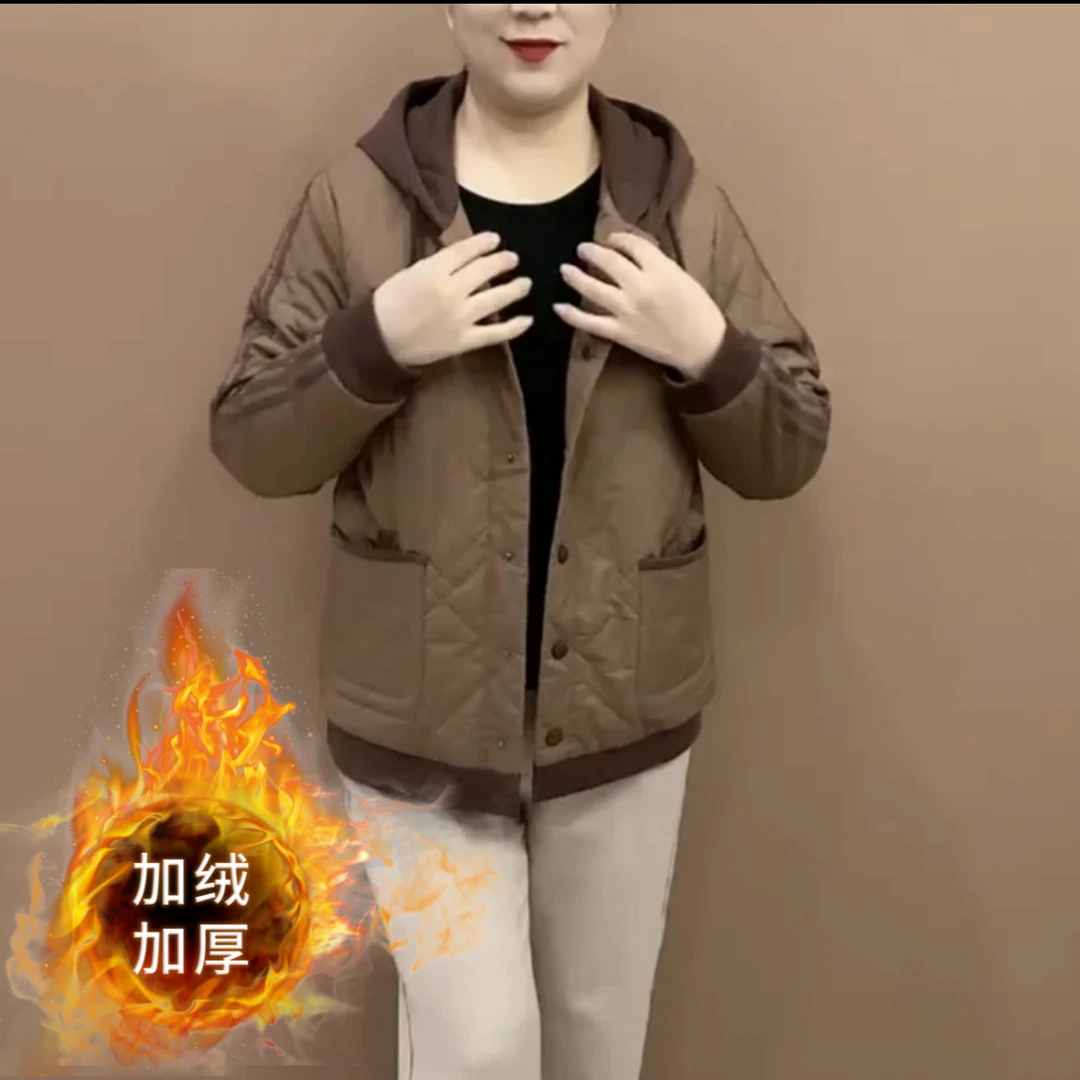 新款连帽中老年女装休闲棉衣加厚宽松气质妈妈装棉服