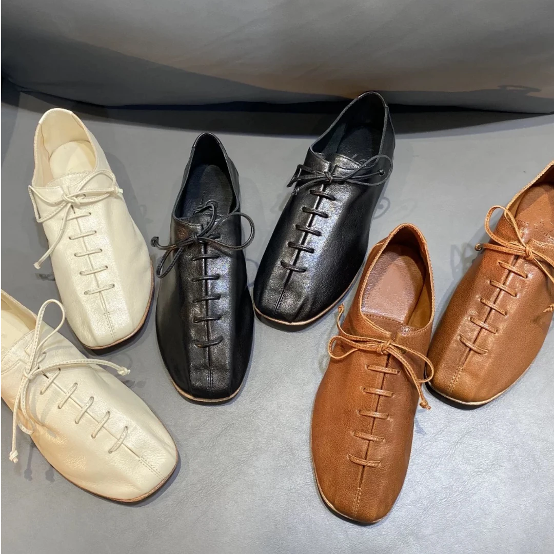 断码！法式慵懒风水洗植鞣系带方头LE极简平底鞋