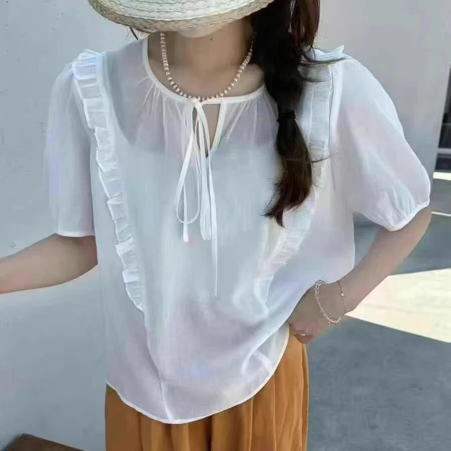 85118气质小心机领系绳荷叶边短袖打底