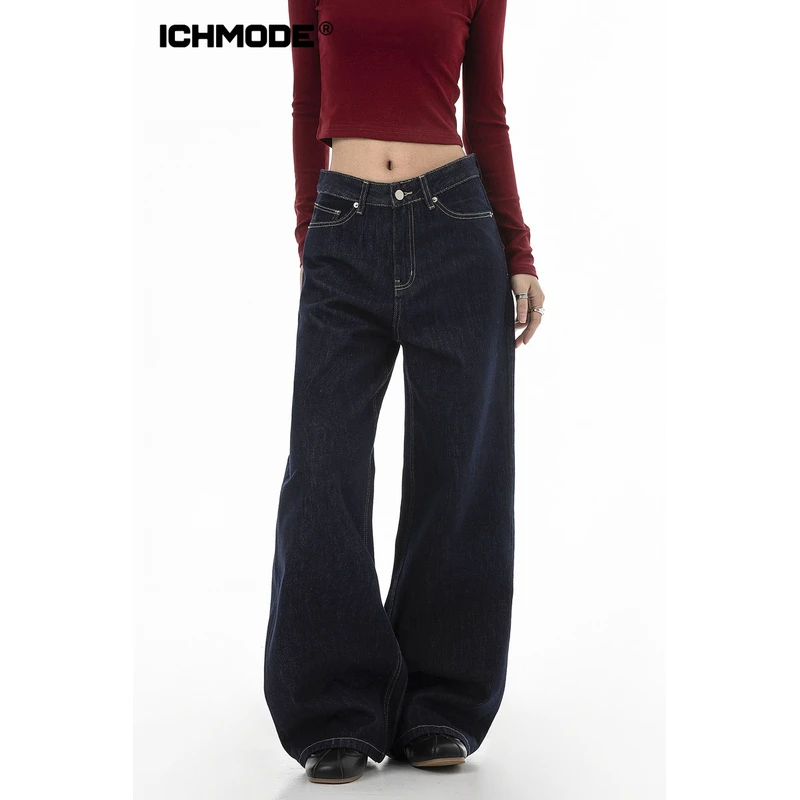 ICHMODE美式复古丹宁蓝牛仔裤女秋冬宽松直筒裤休闲运动阔腿裤