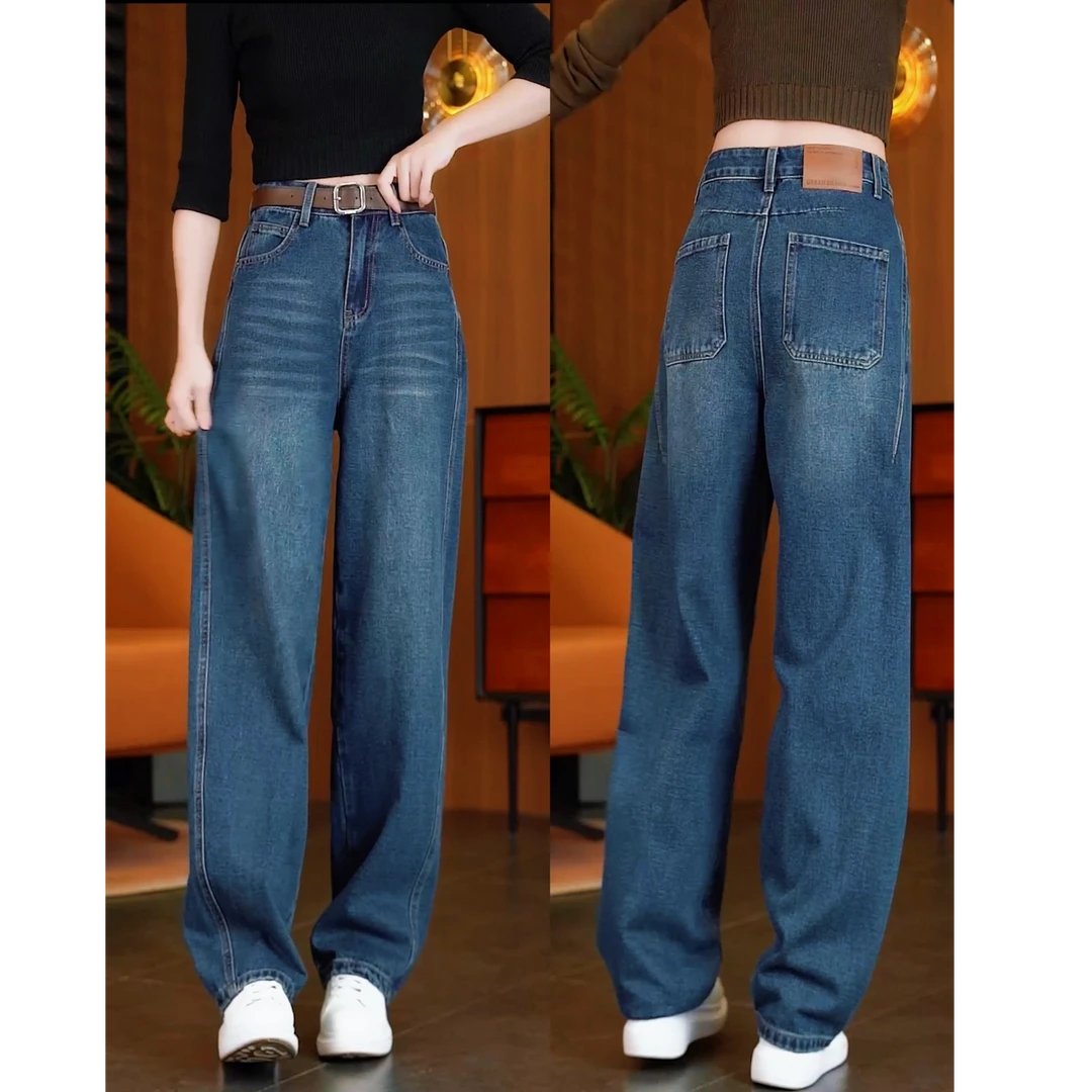 8023慵懒松弛感牛仔裤女秋季胖mm复古蓝宽松遮肉显瘦弯刀阔腿长裤