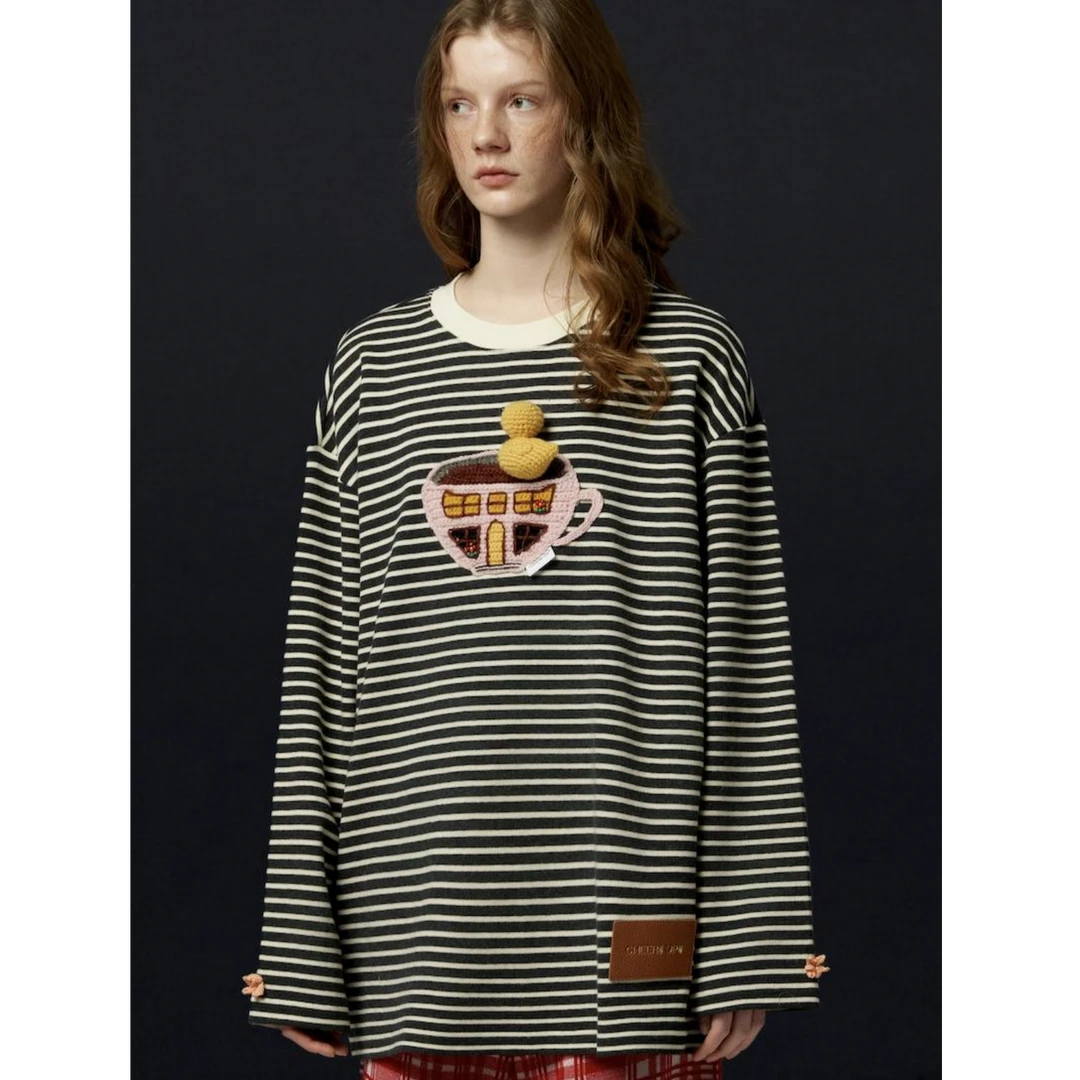 CHEER UP UNIFORM设计师品牌 25秋冬 鸭鸭小熊的咖啡屋条纹长袖T