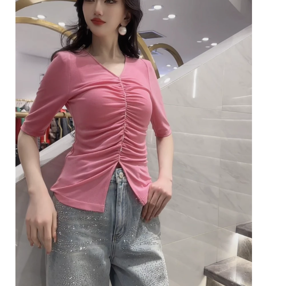 EF/意爱芙修身褶皱设计感中袖气质百搭上衣短款时尚显瘦SN10013