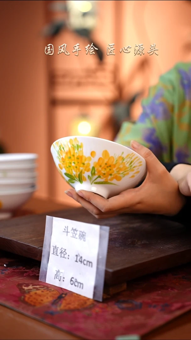 陶瓷景德镇高温釉中彩斗笠碗直径14高6 孤品