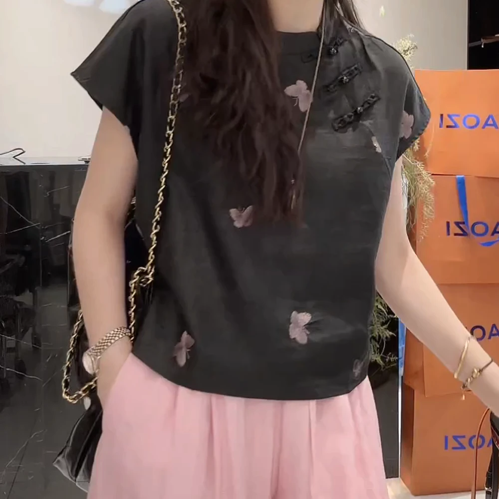 夏季新中式优雅气质龟裂纹刺绣短袖上衣