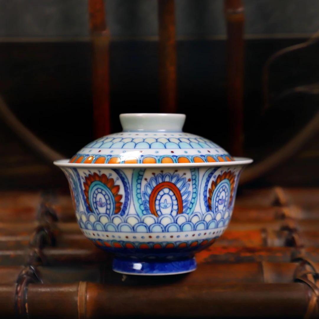 青衫堂敦煌雀羽图盖碗纯手工陶瓷