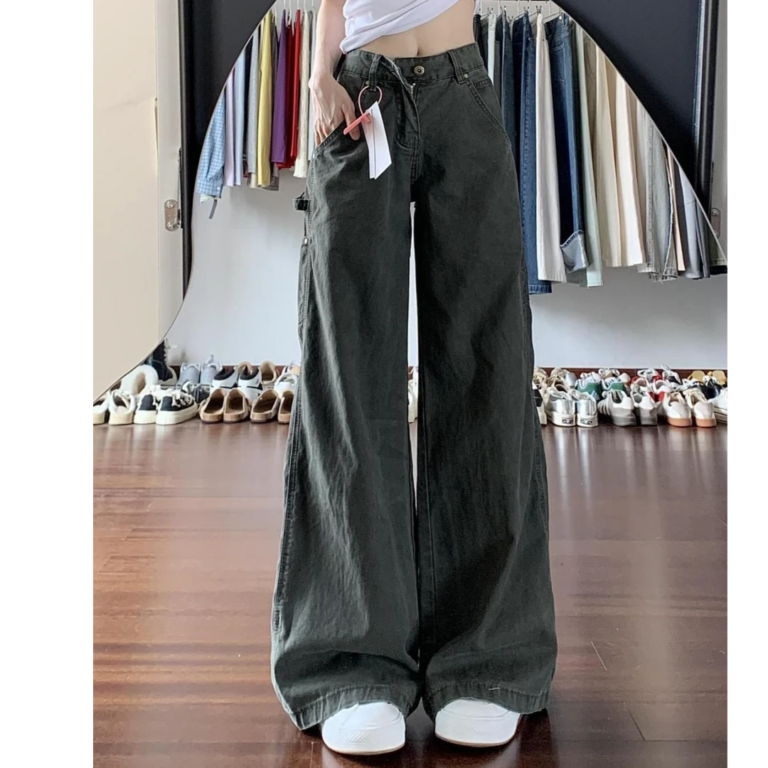 百搭美式复古辣妹风拖地长裤工装牛仔裤女夏季新款显瘦阔腿裤子潮