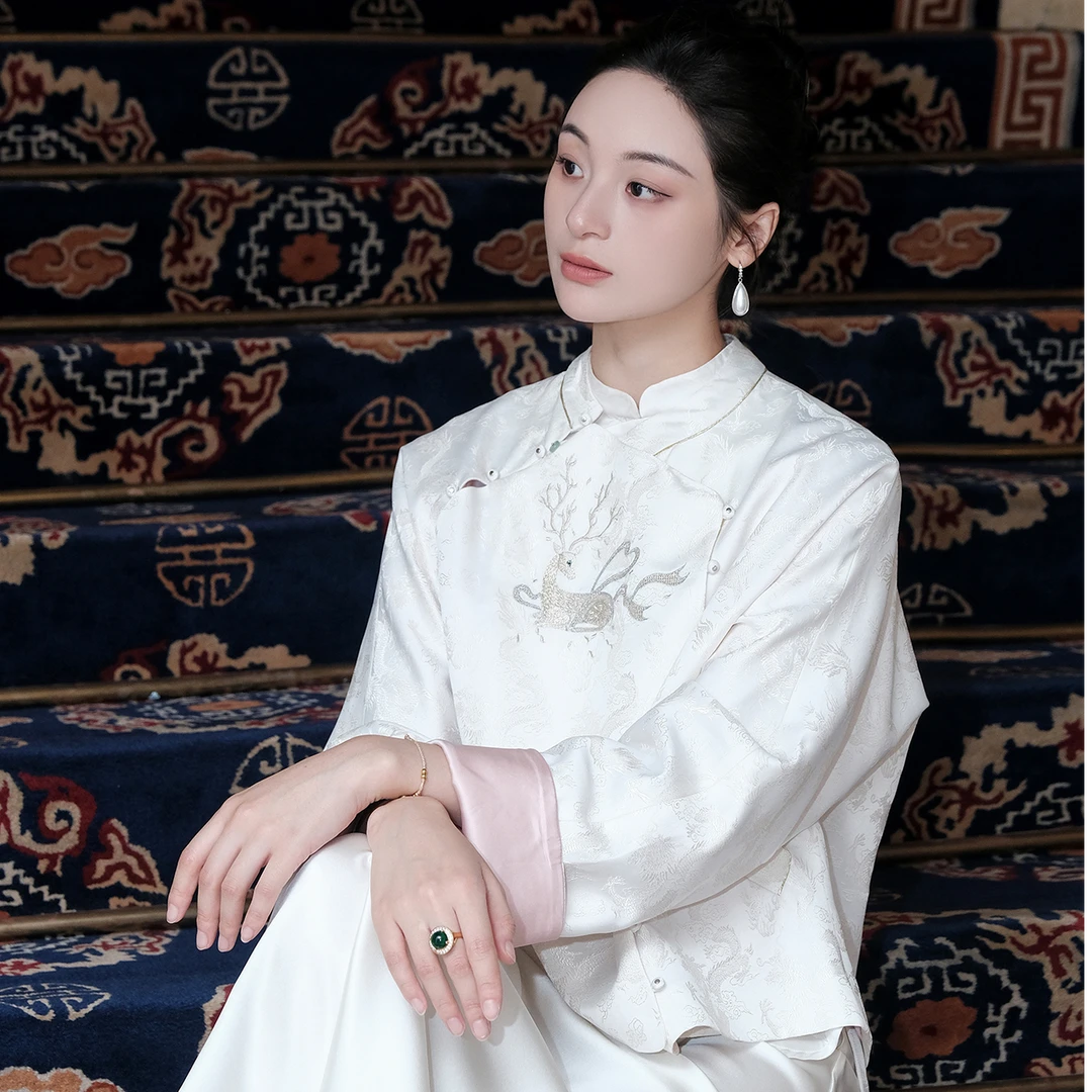 盛唐牡丹 灵鹿金线刺绣提花新中式上衣（不支持7天无理由）