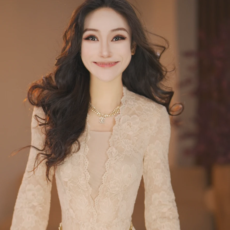 【袁小姐】巴黎杏色诗语 秋冬款新款轻奢气质优雅连衣裙-HZ1291