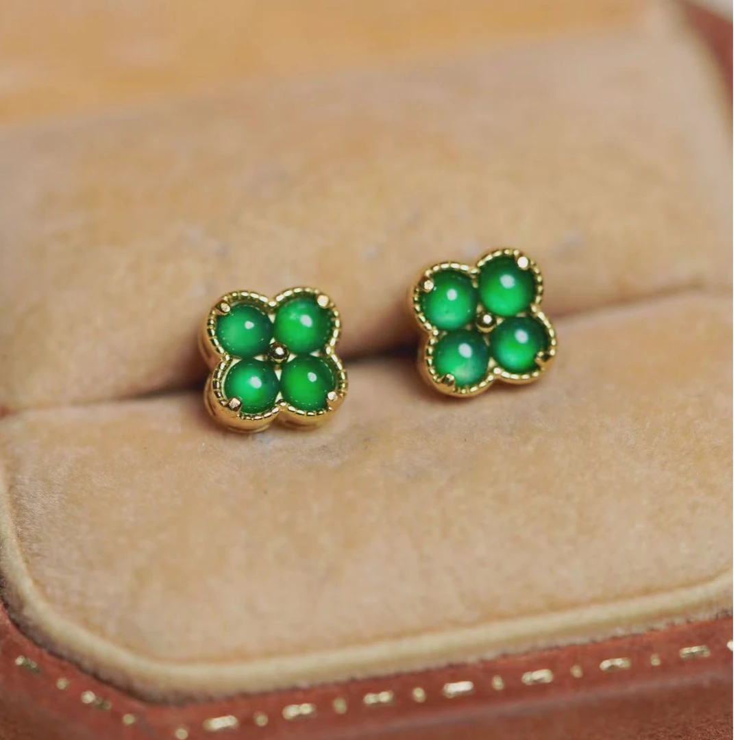 天然A货翡翠蛋面四叶草耳钉金色 单颗2.8mm
