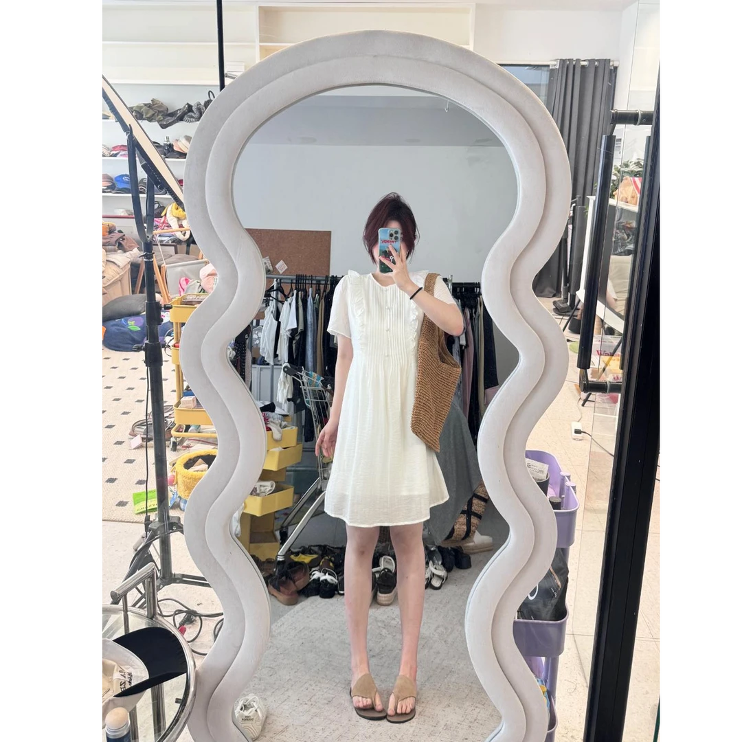 晶咕【心动瞬间】圆领小木耳边胸前本布包扣连衣裙