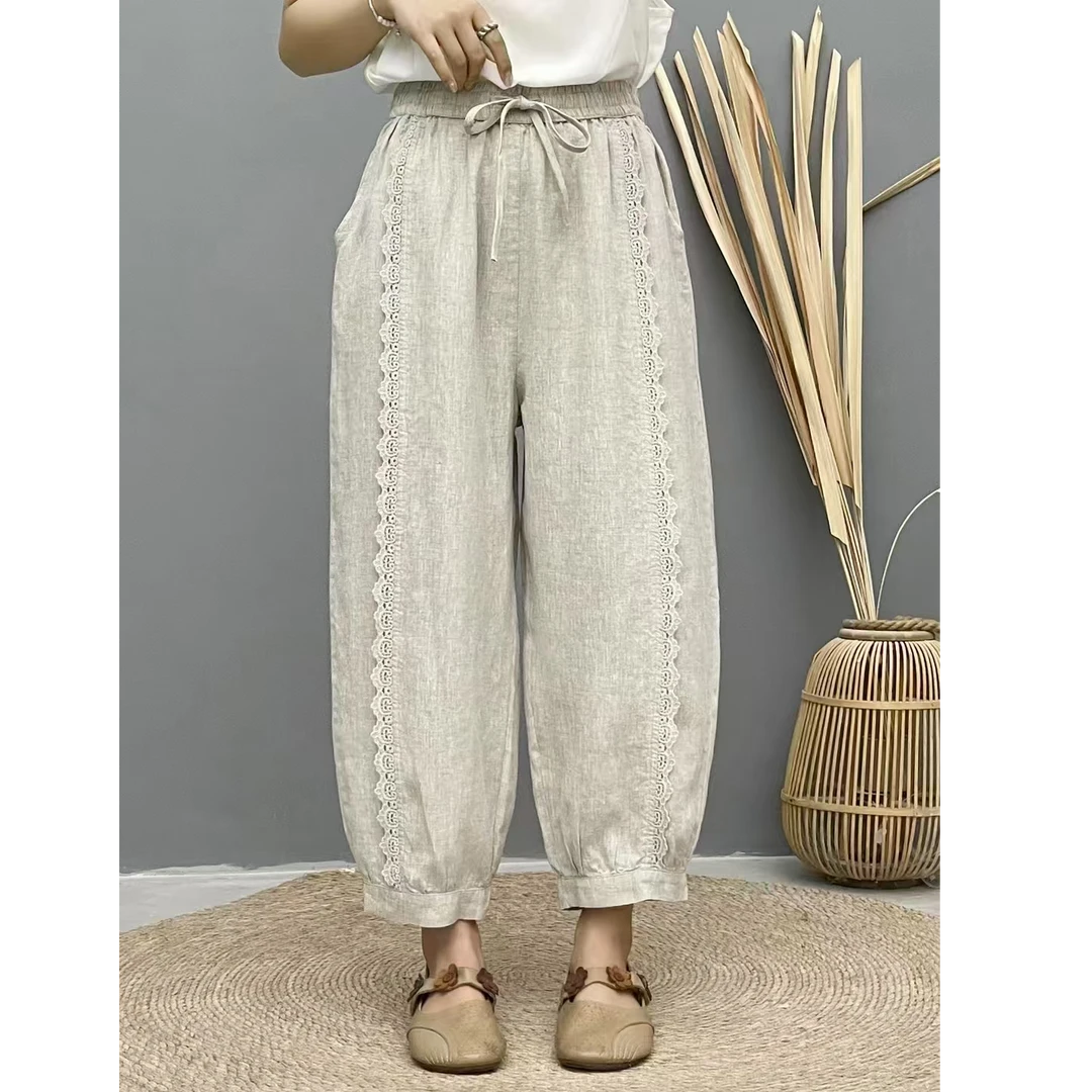 夏季亚麻文艺时尚休闲百搭九分裤休闲镂空钩花拼接哈伦裤