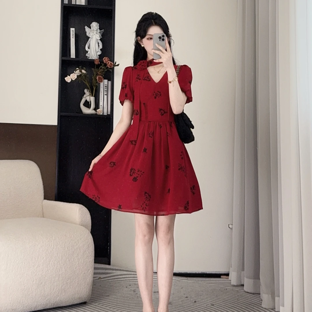 年终请沧【森之境】25夏法式红色赫本设计复古短袖连衣裙 00027 QC