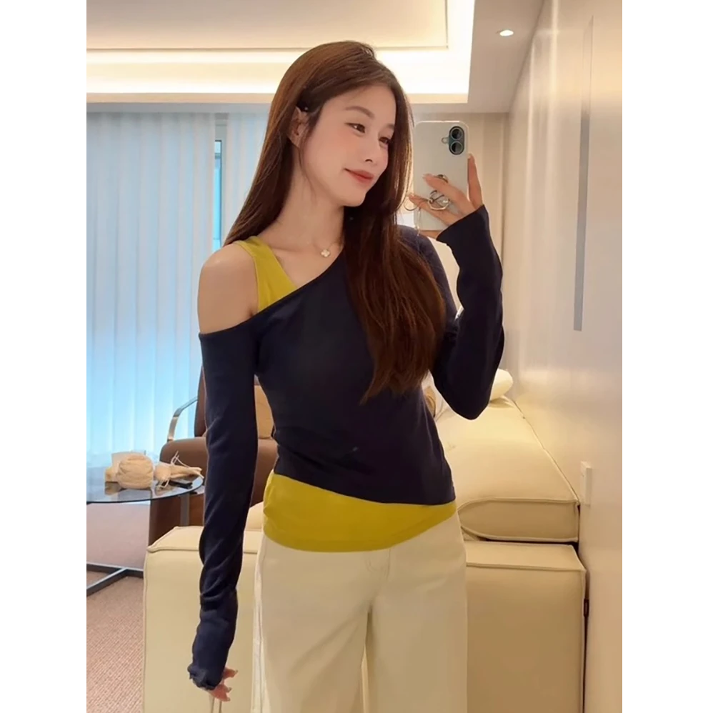 Notdefin韩系纯欲假两件斜肩短款长袖t恤女撞色打底上衣春秋款