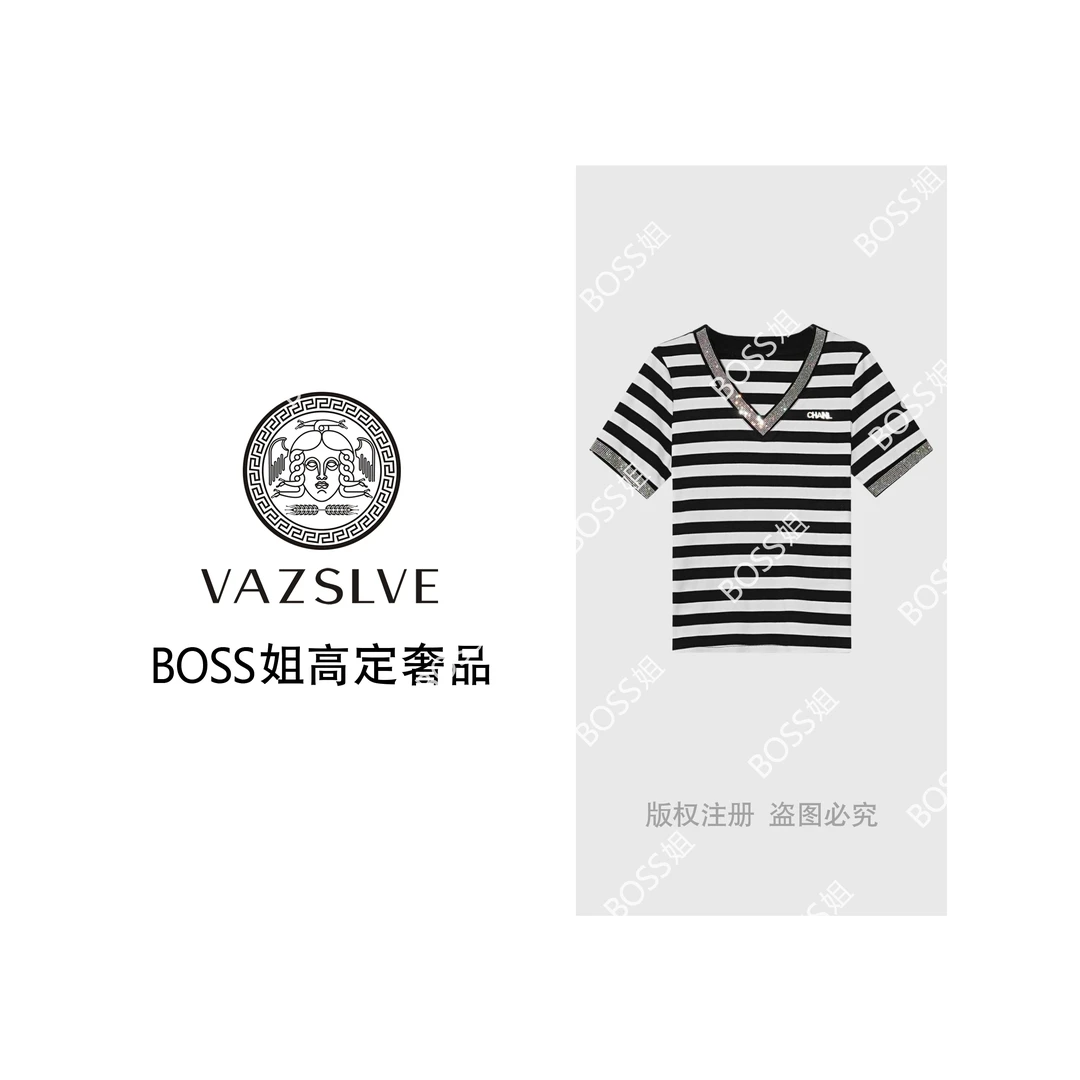 VAZSLVE/原创设计 秘鲁棉V领领口烫钻条纹短袖上衣msl579