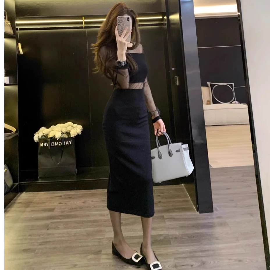 【现货】2025春秋连衣裙款法式高级感设计感修身显瘦网纱拼接长裙女