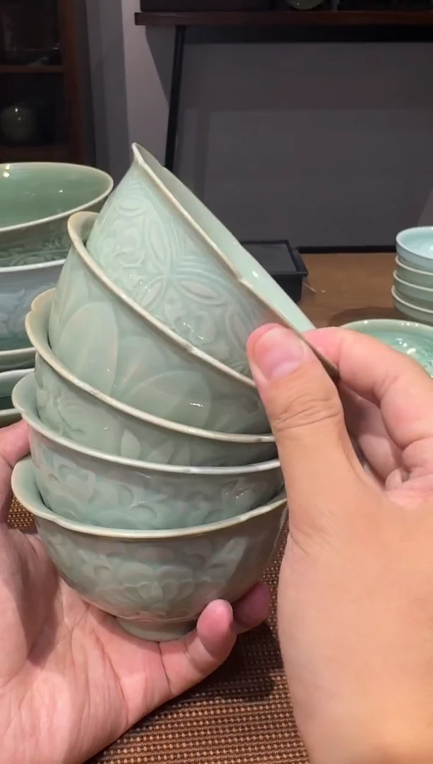 天青色仿古花口碗5种纹饰各一只