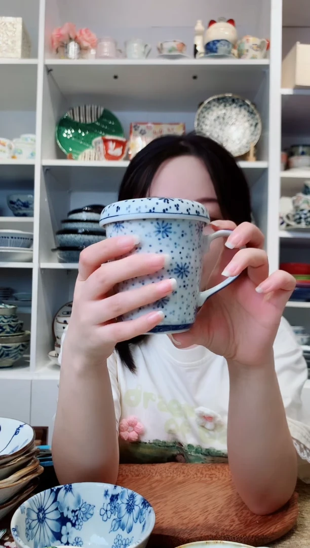 陶瓷日本进口古染雪花盖杯