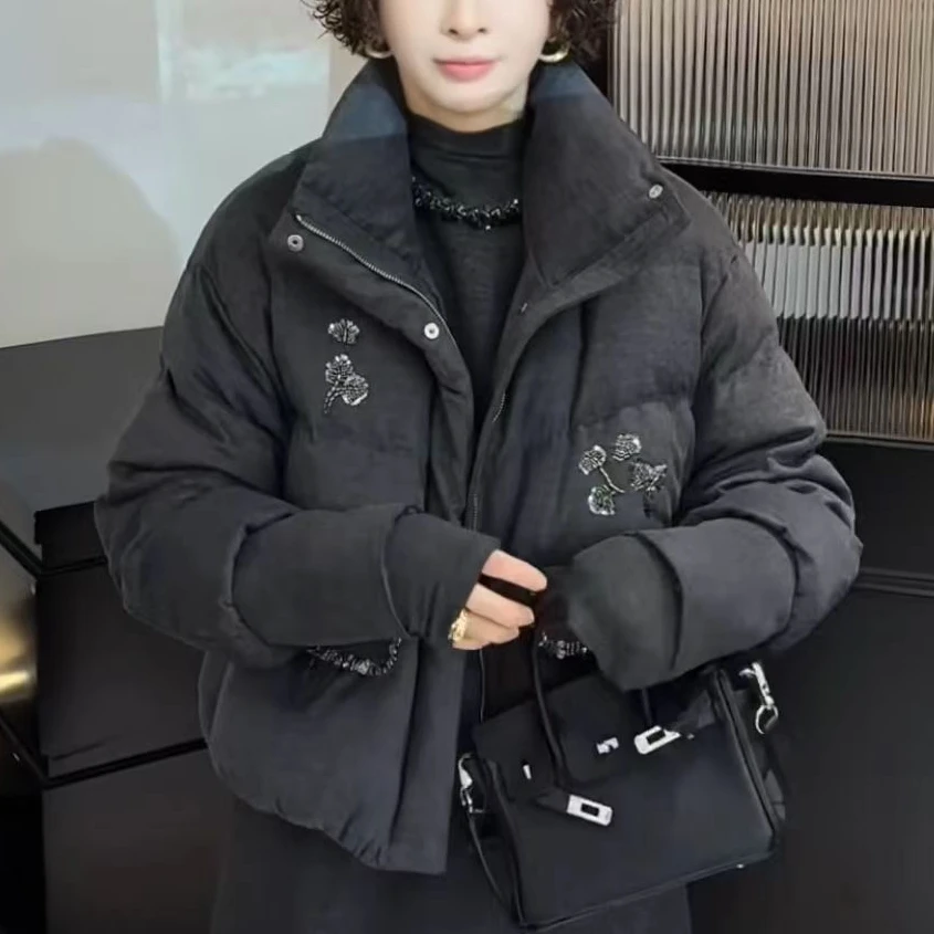 5535#y欧洲站口袋R小花贴钻设计感宽松保暖外套休闲百搭时尚