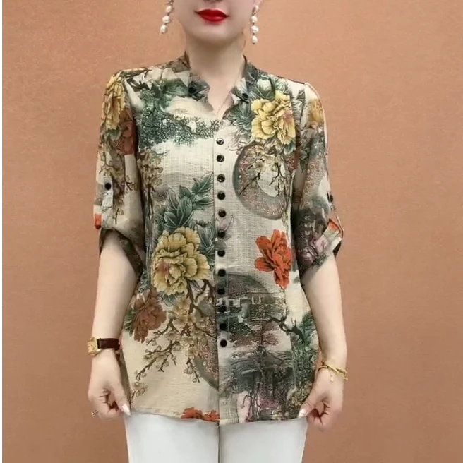 时尚妈妈复古宽松衬衣2025夏季新款高档百搭洋气山水画v领上衣女