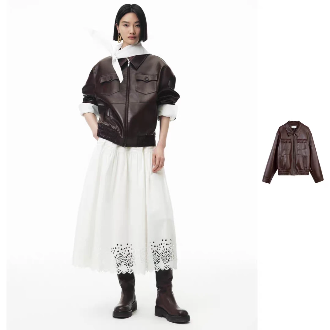 ANNENONO2025秋环保蛋白皮廓形休闲夹克外套女秋季短款百搭上衣