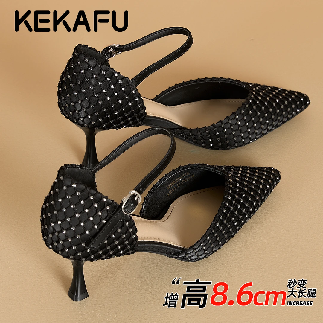 珂卡芙水钻网格黑色包头高跟凉鞋女2025夏季细跟尖头绝美时装单鞋