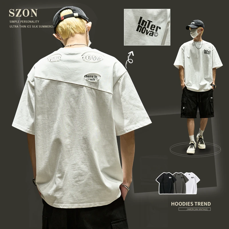 夏季t恤男潮牌ins小众拼接设计感印花五分袖280g重磅纯棉百搭短袖