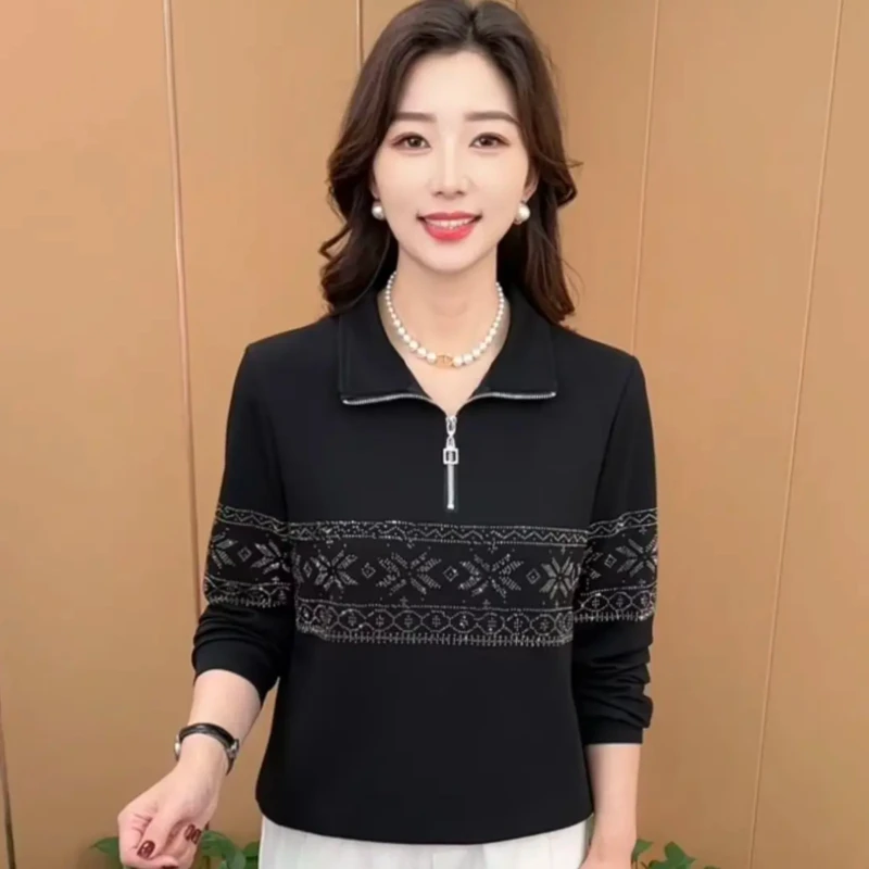 妈妈装卫衣春秋新款时尚半拉链翻领印花长袖T恤休闲上衣打底衫女