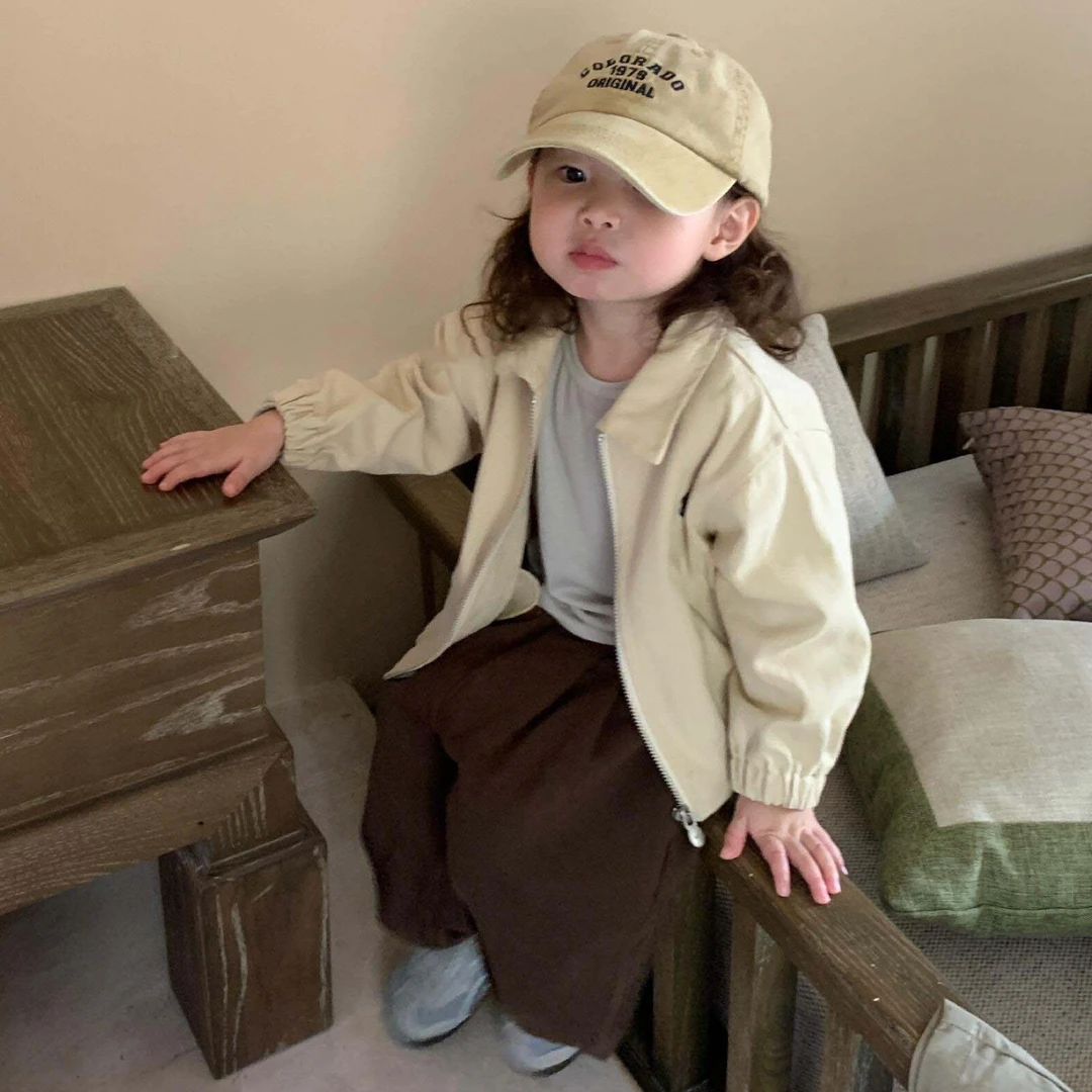 小思家女童2025秋季韩版休闲纯色翻领夹克外套圆领T恤阔腿裤套装