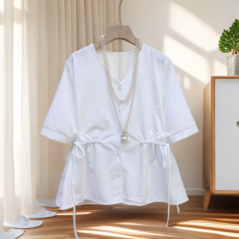 夏季胖mm韩系甜美风方领半袖宽松显瘦娃娃衫小清新减龄盐系衬衫