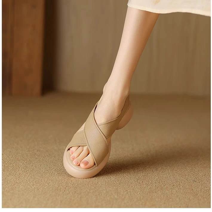 法式软羊皮交叉带露趾凉鞋女2025夏季新款休闲舒适百搭厚底罗马鞋