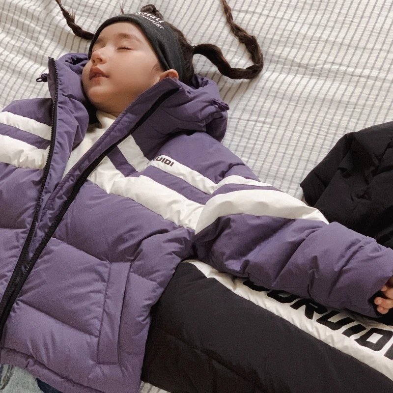 儿童冬季拼色羽绒服时尚潮流男女童韩版90白鸭绒中大童羽绒服2409