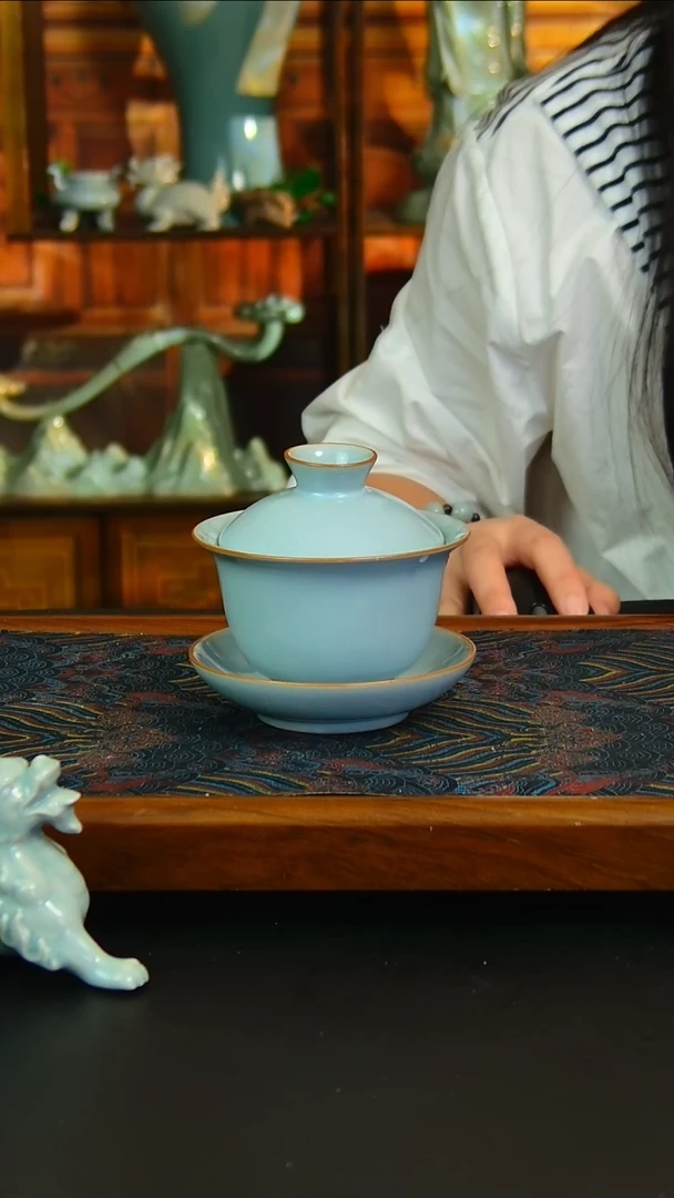 瓷片原矿汝瓷福利盖碗，不完美，简装