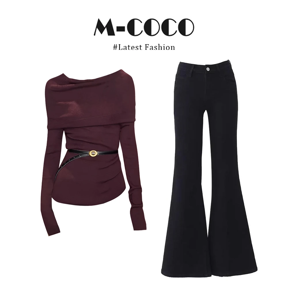 【运费险现货秒发】韩系纯欲风一字肩针织衫长袖上衣微喇裤时尚套装