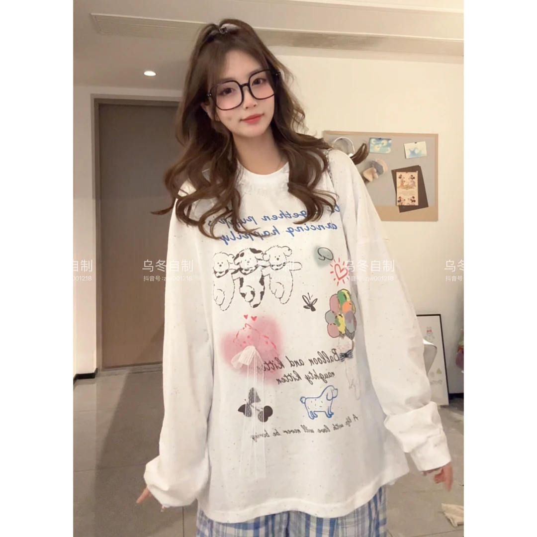 【乌冬自制】“三只小狗”韩式卡通字母撞色喷画宽松百搭上衣~