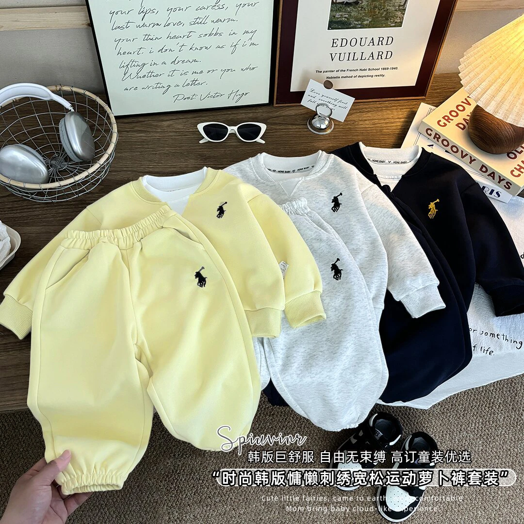 男女童2025新款卫衣套装儿童两件套V字领口刺绣宽松亲子款1-15岁