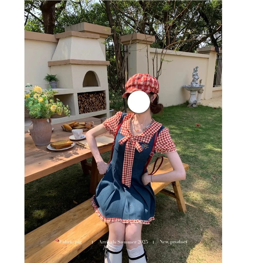 【树莓果酱】红色格子拼接撞色连衣裙女夏季泡泡袖减龄短裙显瘦复古