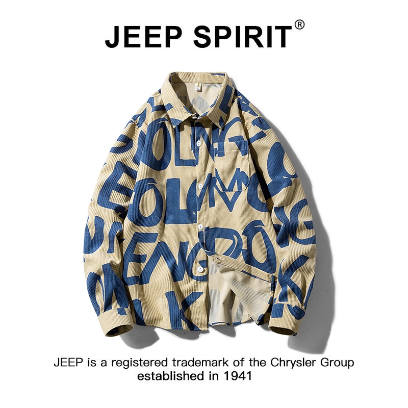 JEEP SPIRIT秋季复古灯芯绒印花情侣长袖衬衫港风潮流宽松外套男