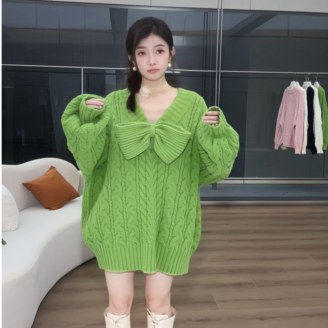 2025V领麻花蝴蝶结宽松慵懒风毛衣针织衫24906